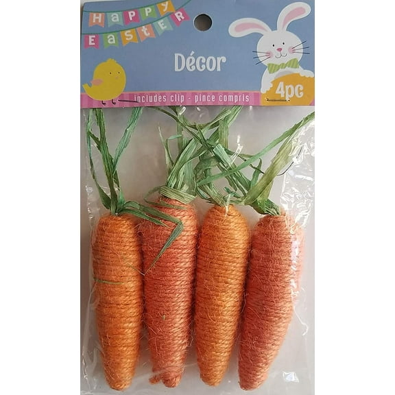 Happy Easter Carrots Jute Twine and Foam Decor Plus Green Straw, Vegetable Carrots Bunny Girl Easter Party Décor - 4ct./Pack