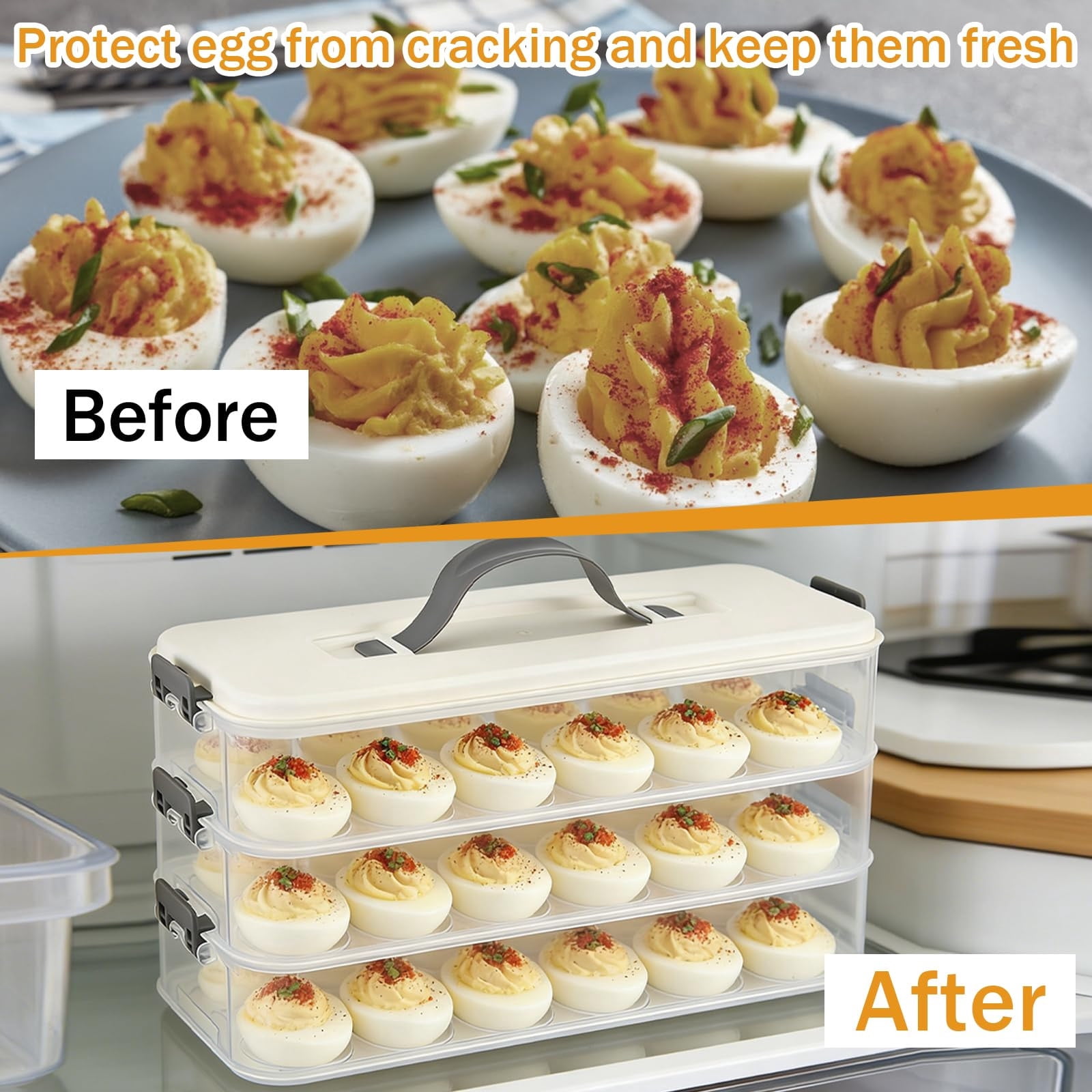 weibbin Stackable Deviled Egg Container 3 Tier Clear Plastic Carrier with Lid for 36 Eggs
