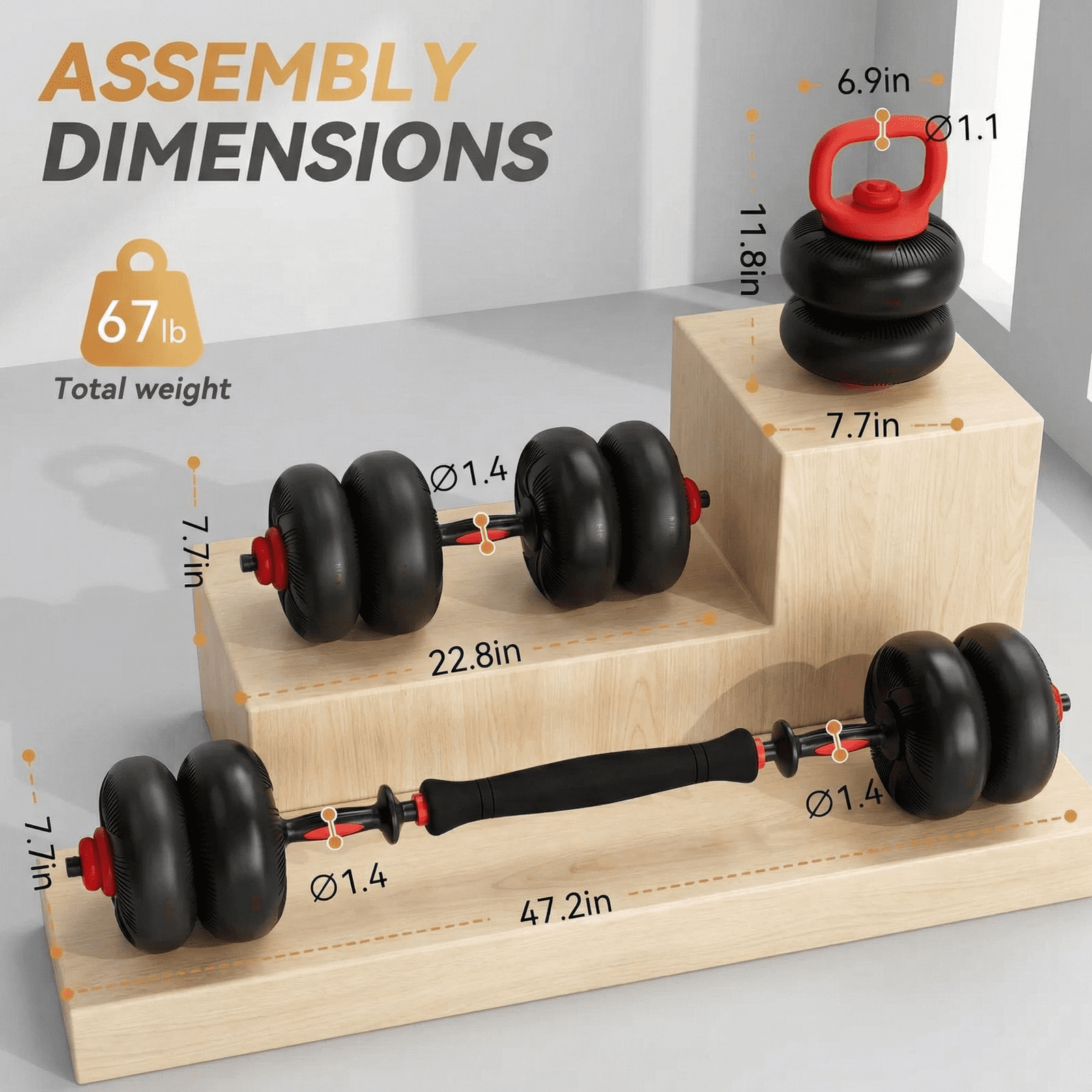 LIFERUN Adjustable Dumbbell Set, Soft PVC, 45lbs/67lbs Free Weight Set. 4-in-1: Barbell, Dumbbells, Kettlebell, Weight Plates, Red