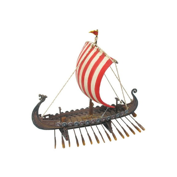 6.87 Inch Poly Stone Viking Ship with Red Stripes Sail on The Stand