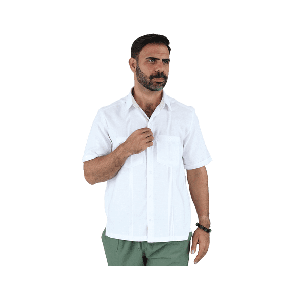 Camisa tipo Guayabera de manga corta para hombre marca Rams Cottons modelo Nales color Blanco con doble bolsa alforzada y textura de lino