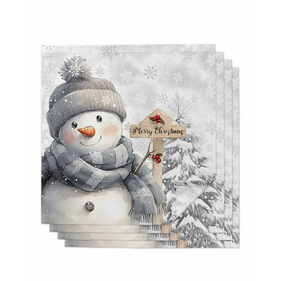 Grey Snowman Christmas Cloth Napkins Washable Set of 4, Xmas Snowflake Tree Gray Reusable Dinner Table Napkins Cloth Bulk for Weddings Kitchen Restaurants Hotel Events Parties 20 x 20 Inch