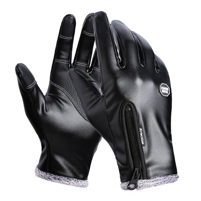 kyncilor guantes deportivos de invierno al aire libre guantes de cuero con pantalla táctil guantes d par de guantes negros de cuero PU ajustados, vista frontal y posterior centrada, cierre de cremallera en la muñeca y forro polar gris en el dobladillo; puntas táctiles en los dedos, superficie antideslizante visible y costuras blancas precisas; fondo blanco. Apto para conducir y uso diario.