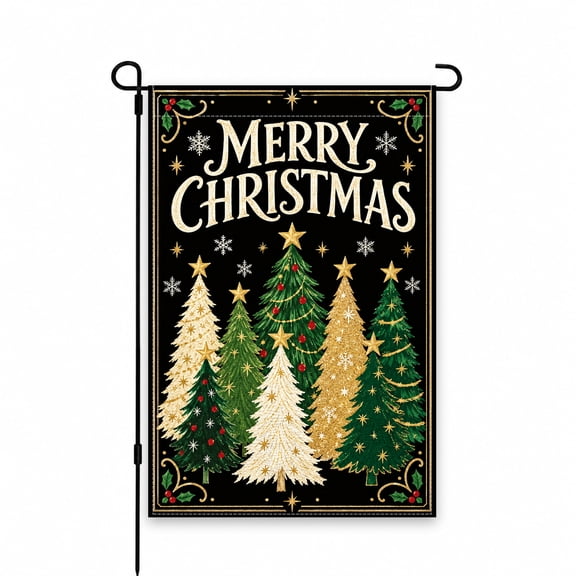 Christmas Garden Flag 12 x 18 Inch - Merry Christmas Trees and Snowflakes Design - Festive Yard, Lawn, and Porch Decoration for Holiday Cheer