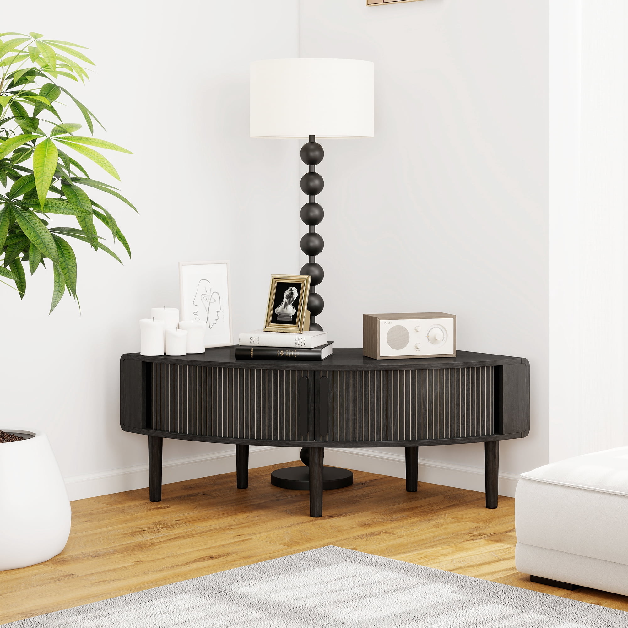 Corner TV Stand for 40 inch TV, Curved Corner Entertainment Center with Storage, Mid-Century Modern Media Console with Sliding Doors,for Living Room, Bedroom, Apartment, Black
