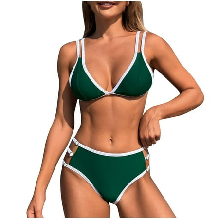 Bigersell Women Cheeky Bikini Sets  Spaghetti Straps V-Neck Cut Out Bathing Suits  High Waisted Two Piece Swimsuit Bikini Bottoms Swimwear for Beach & Pool Green M