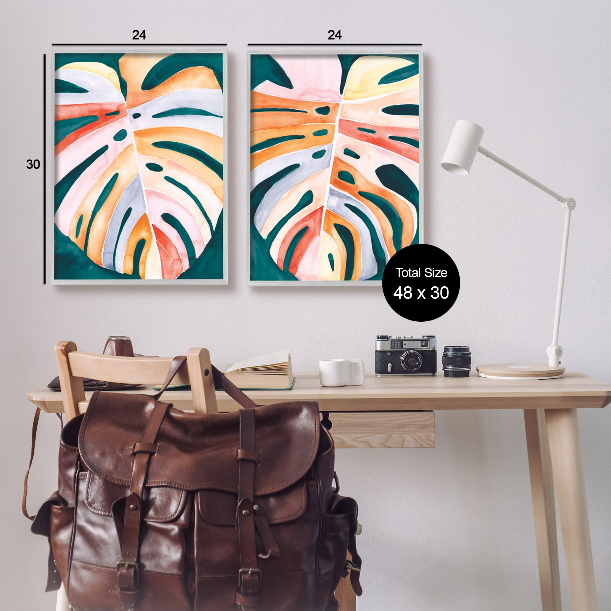 Stupell Industries Tropical Monstera Leaves Botanical & Floral Painting Gray Framed Art Print Wall Art, 24 x 30, Set of 2