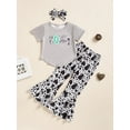 thumbnail image 2 of Bagilaanoe 3pcs Little Girl Long Pants Set Letter Print Short Sleeve T-Shirts Tops + Flare Trousers + Headband 4-9T Kids Casual Outfits, 2 of 9
