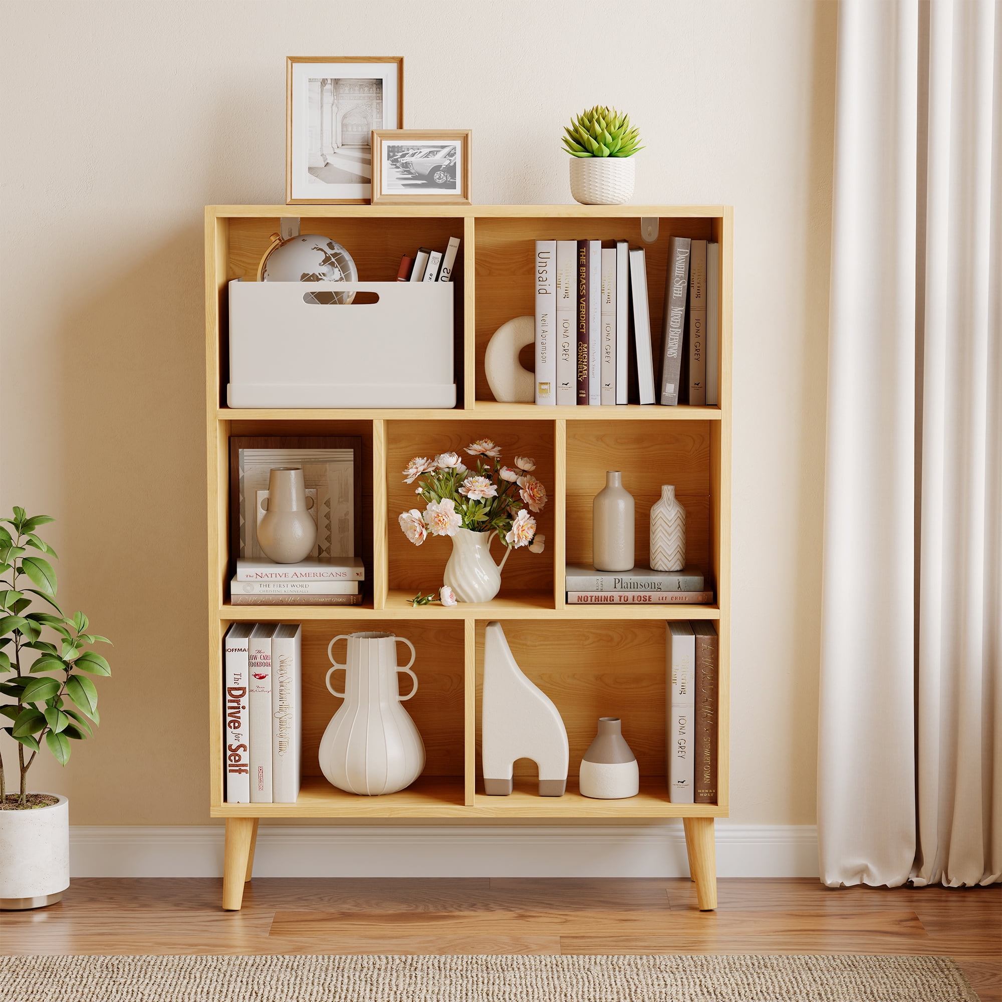 EDX Wooden Cube Bookshelf, Open 3-Tier Bookcase with Legs, Freestanding Bookshelves Storage Organizer Shelf, for Bedroom, Living Room, Office, Natural wood
