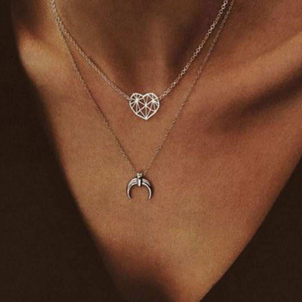 5Pcs/Set Silver Chain Choker Heart Moon Star Pendant Necklace Girl Women Jewelry 