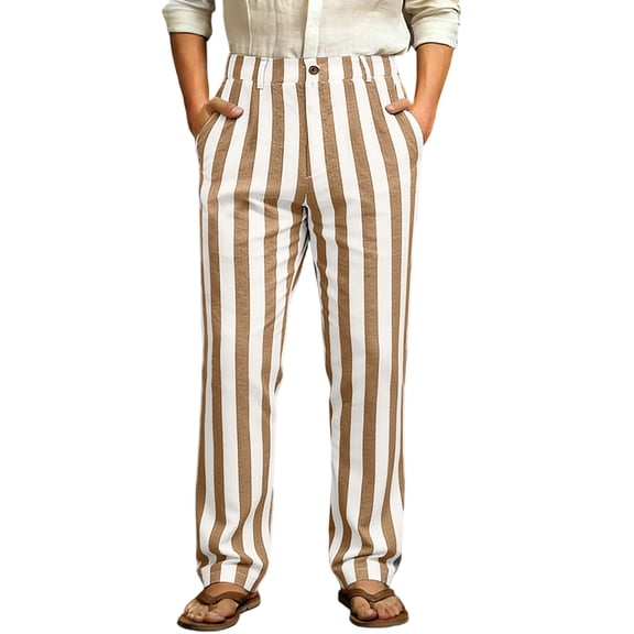 Uwinwear Striped Dress Pants for Men's Big & Tall Flat Front Business Trousers Casual Straight-Legs Long Pants with Pockets,Earthy Yellow,L