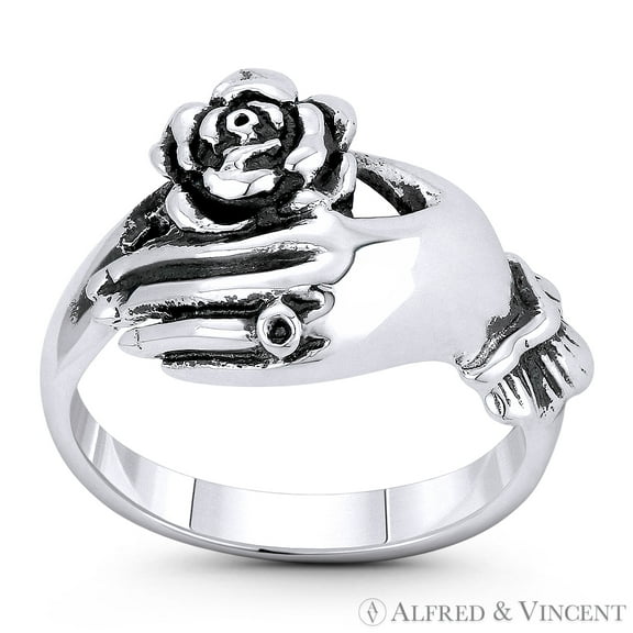 Rose Flower on Hand Love & Romance Charm Right-Hand Stackable Ring in Oxidized .925 Sterling Silver