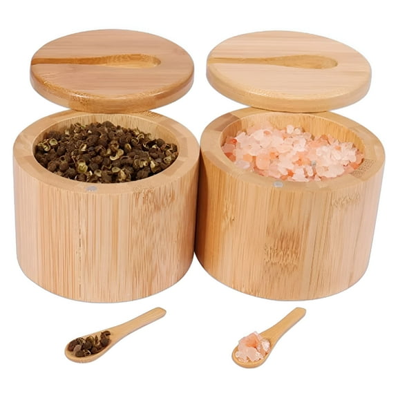 ACDANC Bamboo Salt and Pepper Bowl Box Cellar,Built-in Spoon,Compartments Spice Seasoning Container,Sea Salt Cellar Holder,Magnetic Swivel Lid