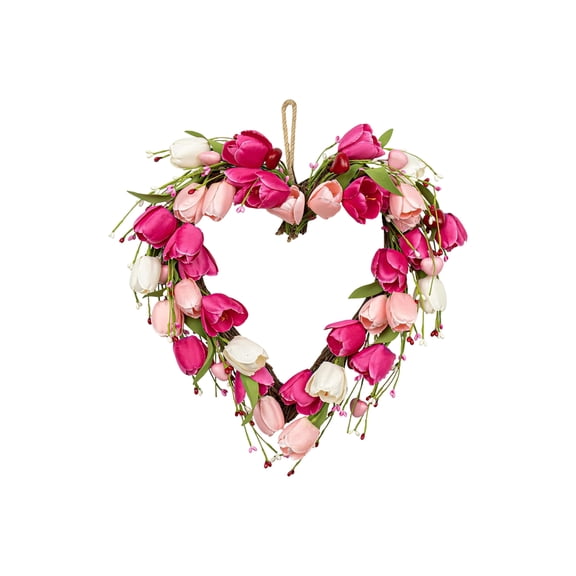 Valentine’s Day Wreath Valentines Day Door Wreath with White Pink Red Tulip Berry and Green Leaf Valentines Heart Wreaths for Valentine’s Day Wedding Festival Decor Heart-Shaped Decorations