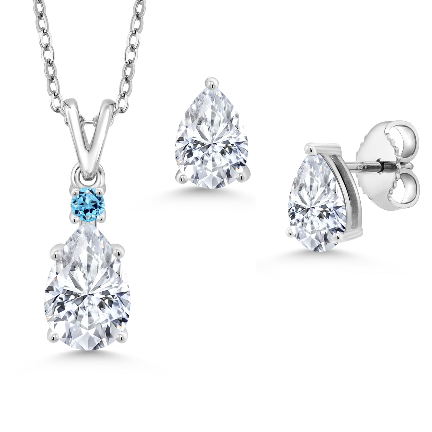 Gem Stone King 925 Sterling Silver White Moissanite and Swiss Blue Topaz Pendant and Earrings Jewelry Set for Women | 2.74 Cttw | Gemstone Birthstone | Pear Shape 9X6MM | With 18 inch Chain