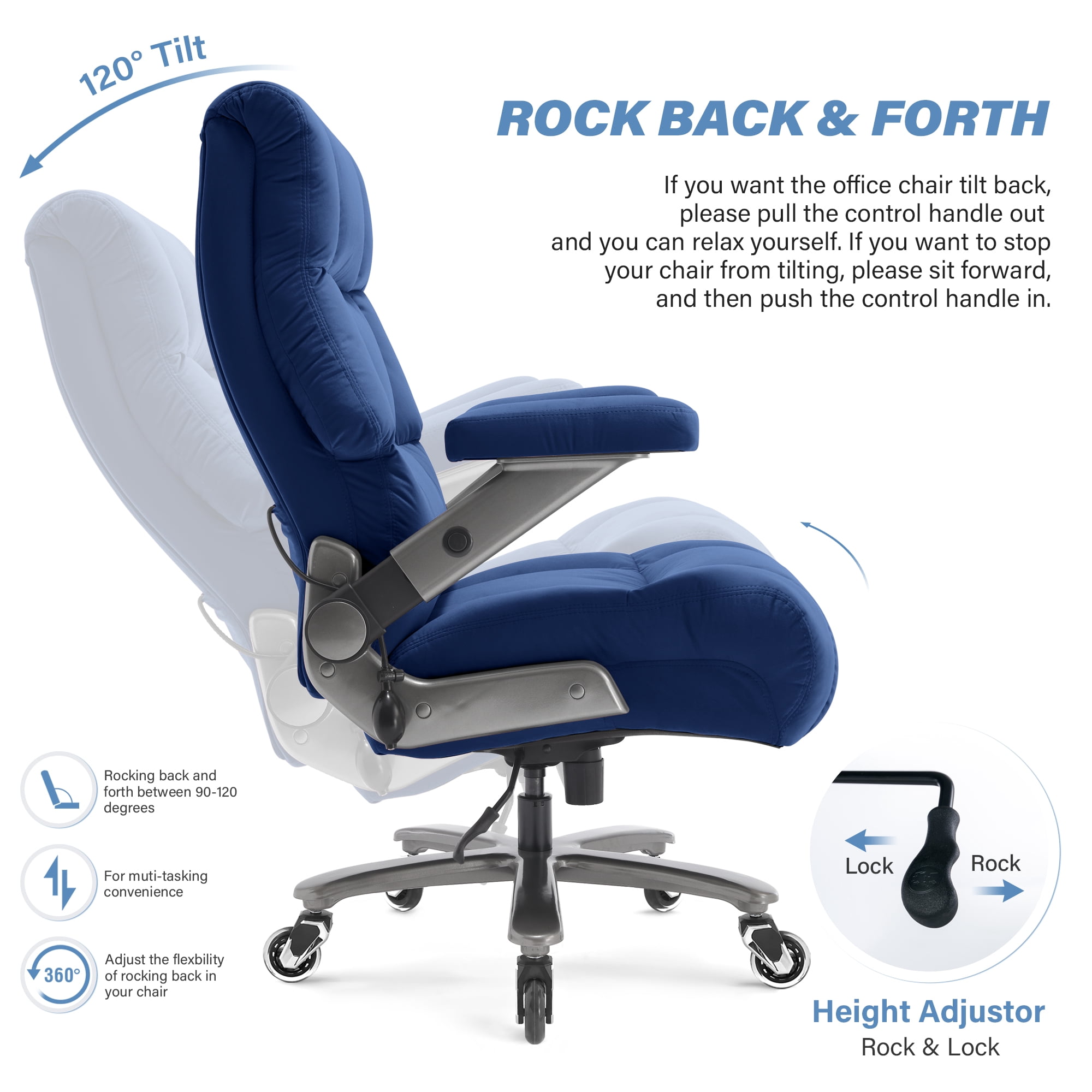 Big and Tall 700lbs Office Chair, Ultra-Soft Fabric Executive Desk Chair, Ergonomic Computer Chair with 3D Flip Up Arms, Adjustable Lumbar Support, Heavy Duty Metal Base and Quiet Rubber Wheel, Blue