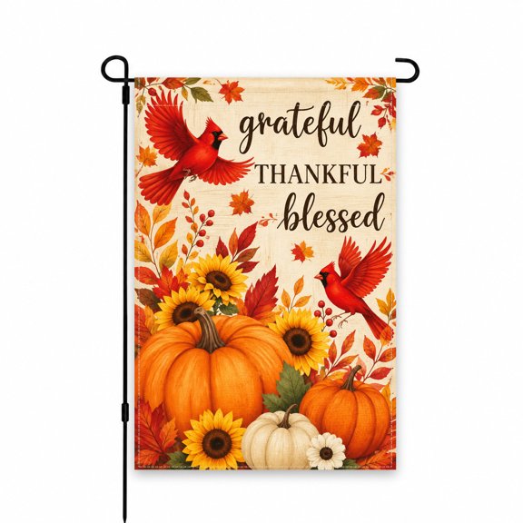 Autumn Harvest Garden Flag 12x18 Inch with Pumpkins, Sunflowers, Cardinals & Fall Leaves - Grateful Thankful Blessed Yard Outdoor Decor for Thanksgiving Porch Display