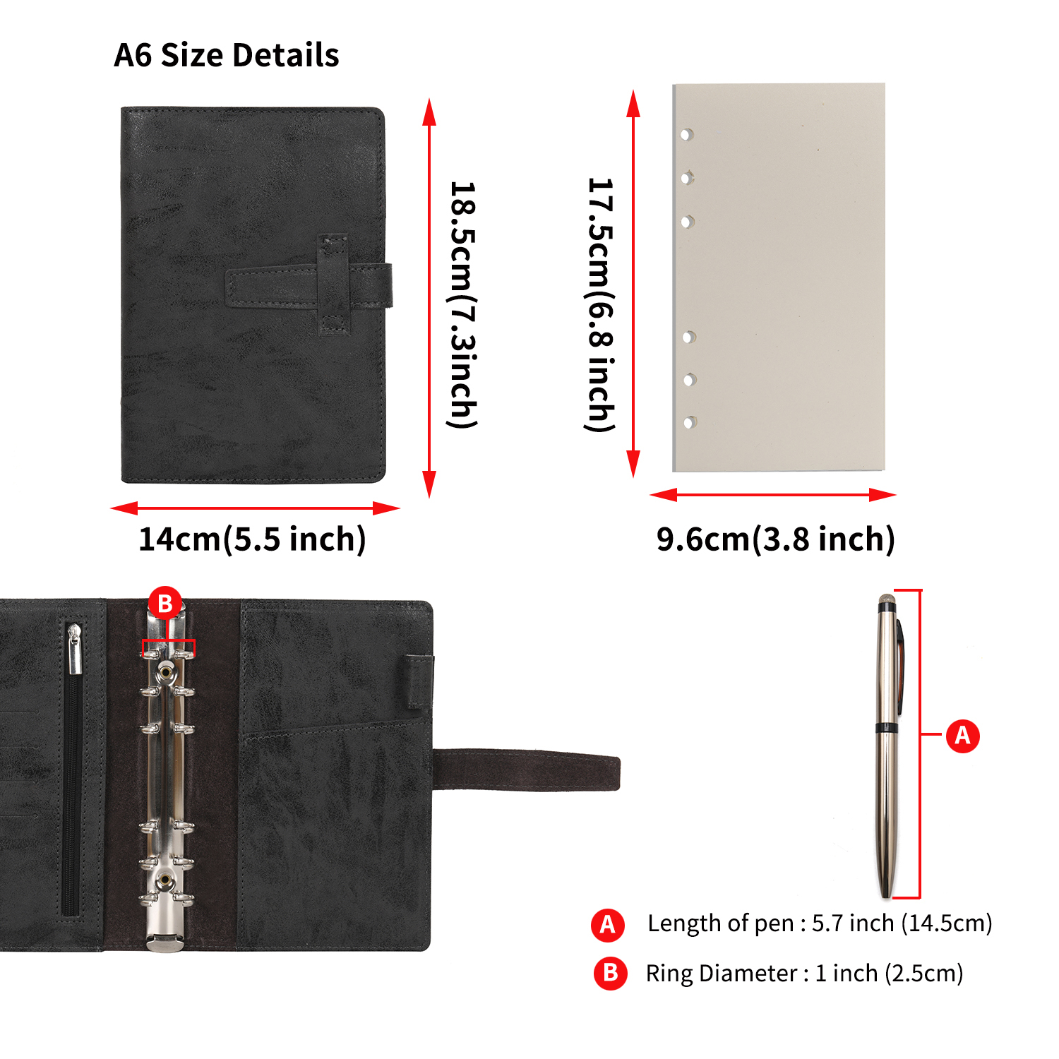 Wonderpool Leather Journal Refillable Binder A6 Writing Notebook Folder Organiser with Dotted Paper & Multi Pockets Cover for Business School Travel (A6, Black)