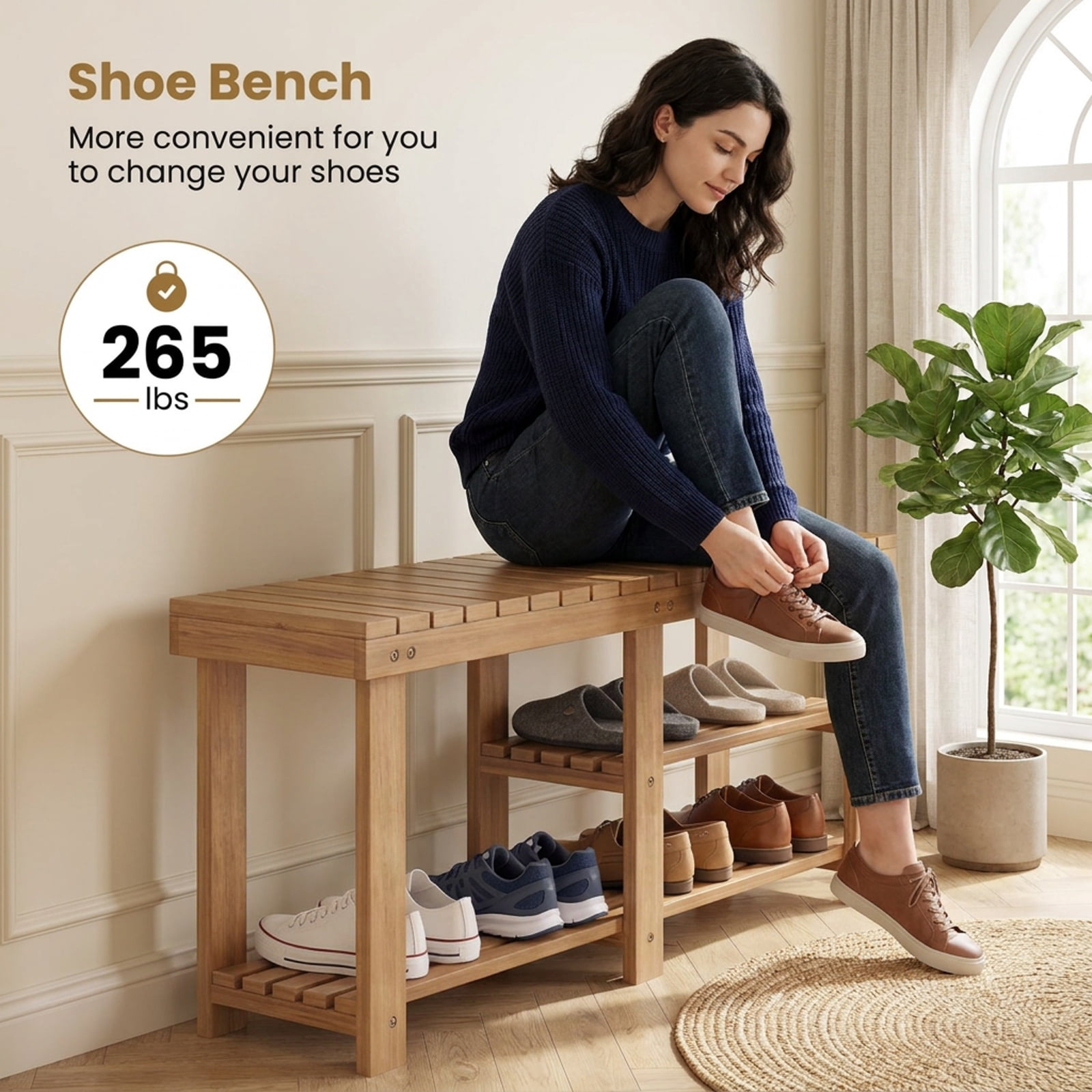 Furnibear 3 Tier Solid Wood Shoe Rack Bench with Slatted Shelves for Entryway Hallway and Living Room Shoe Storage Large Size, Natural