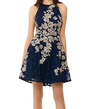 Women's Dress Navy A-Line Halter Embroidered 2