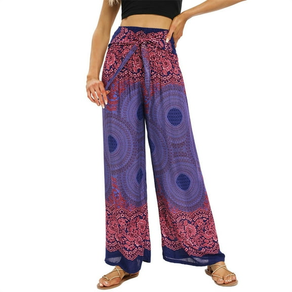 Womens Wide Leg Pants Elastic High Waisted Vintage Floral Boho Print Casual Loose Flowy Tie Knot Trousers With Pockets,Purple 2,Free Size