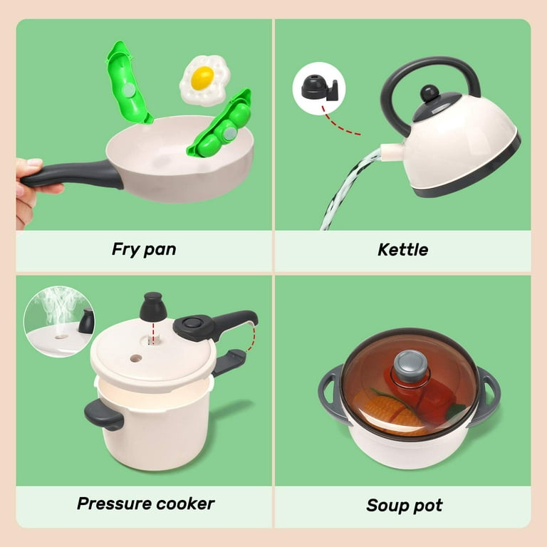 Cute Stone Pretend Play Kitchen Toy with Cookware Steam Pressure Pot and Electronic Induction Cooktop, Cooking Utensils, Toy Cutlery, Cut Play Food