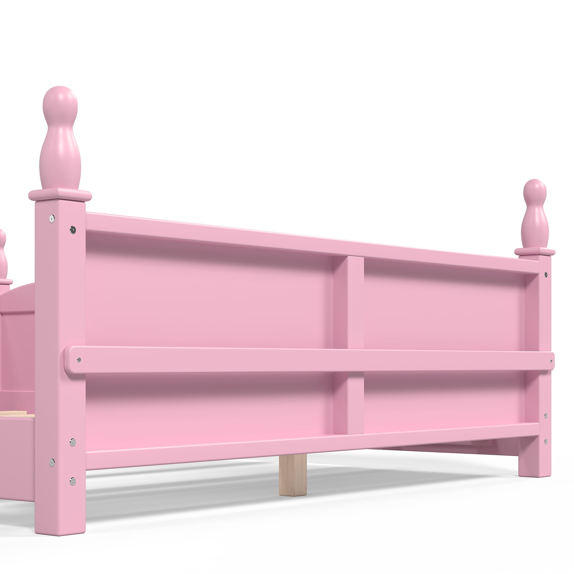 Montessori Full Floor Bed with Full-Length Guardrails and Bookshelf, Low Profile Kids Bed with Childlike Design, Pink