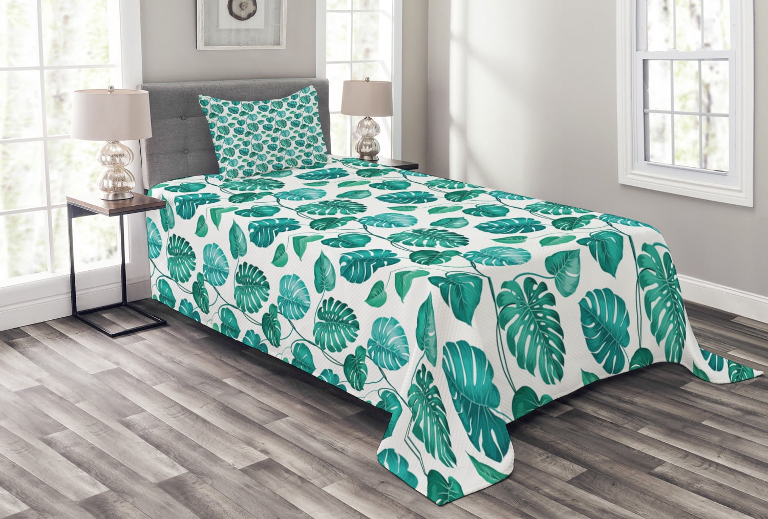 Green Leaf Bedspread Set, Tropical Palm Tree Leaves Exotic Hawaiian Foliage Rainforest Jungle