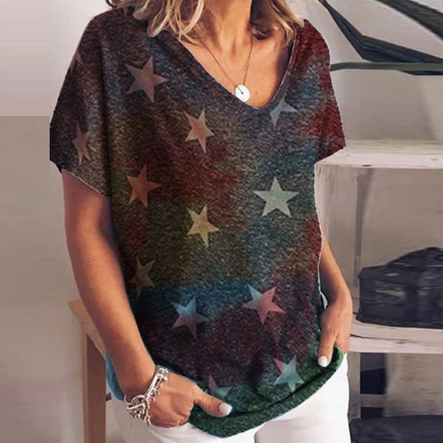 Fashion Womens Gradient Color Printing Short-sleeved Large Size Loose T-shirt
