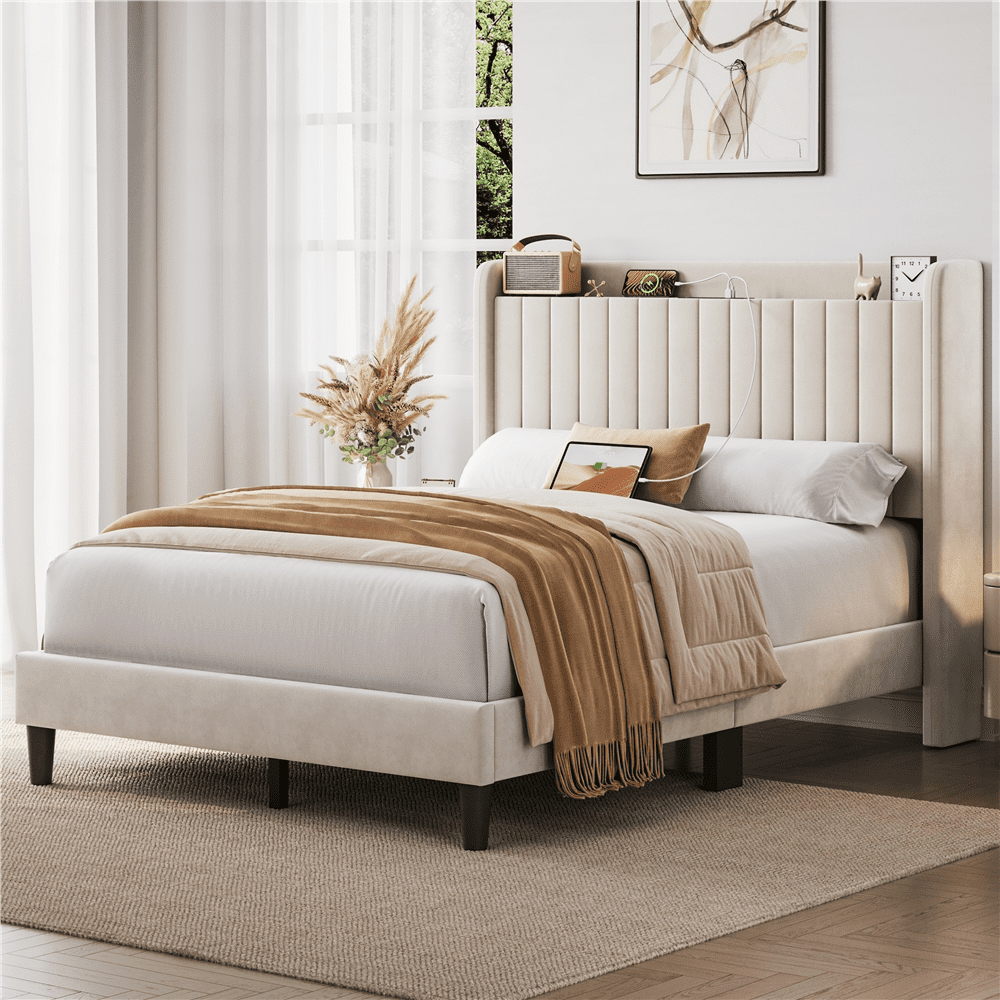 Fullfurnique Velvet Upholstered Bed Frame with Charging Outlets & USB Ports, Queen, Beige