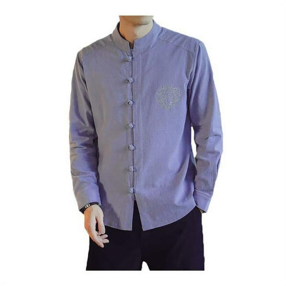 Panda Superstore  No.3 Standing Collar Cotton & Linen Chinese Long Sleeve Kungfu Cloth Outerware Mens Shirt, Purple