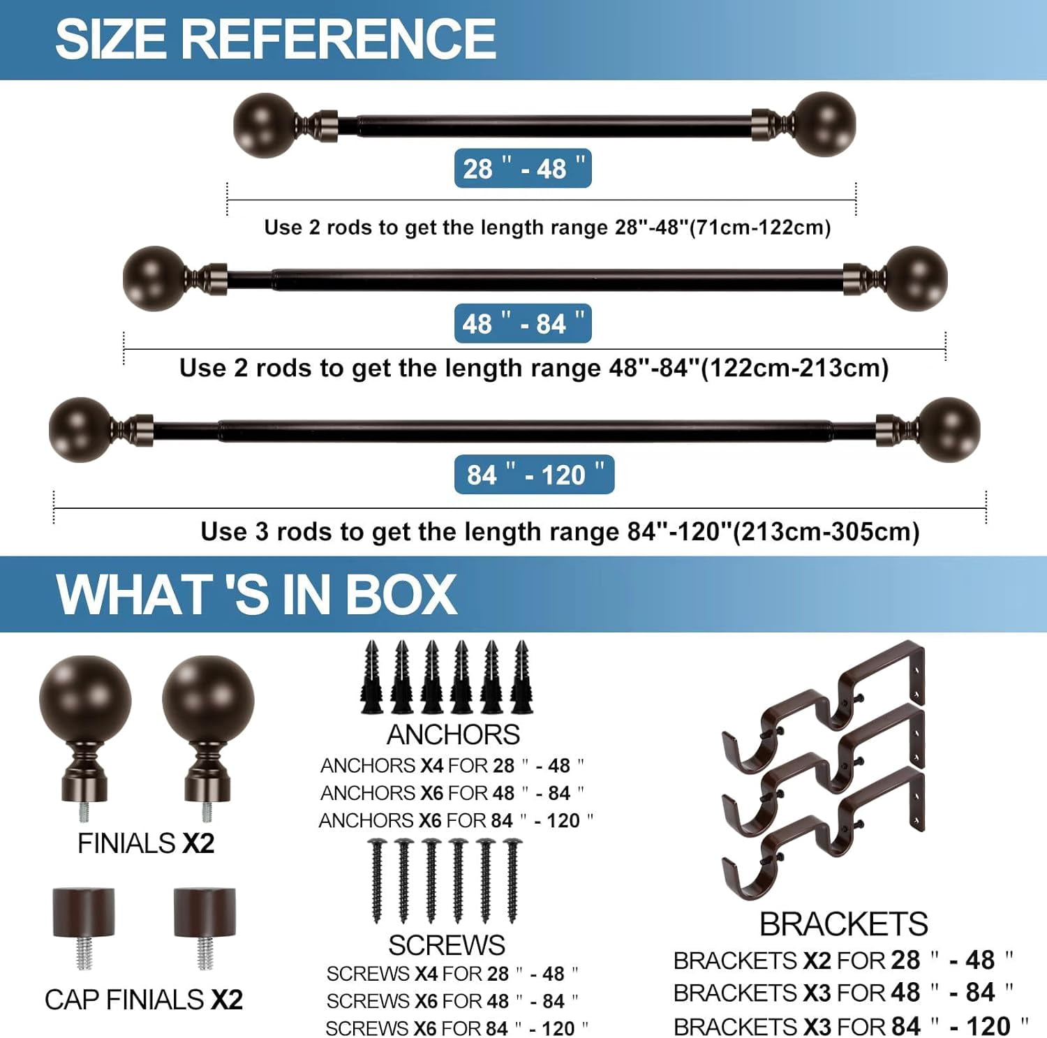 Urbanest Adjustable Double Curtain Rod Set Steel Ball Manhattan Finials – 1″ Front & 3/4 Back Rod With Bronze Rod, 28–48 Inches