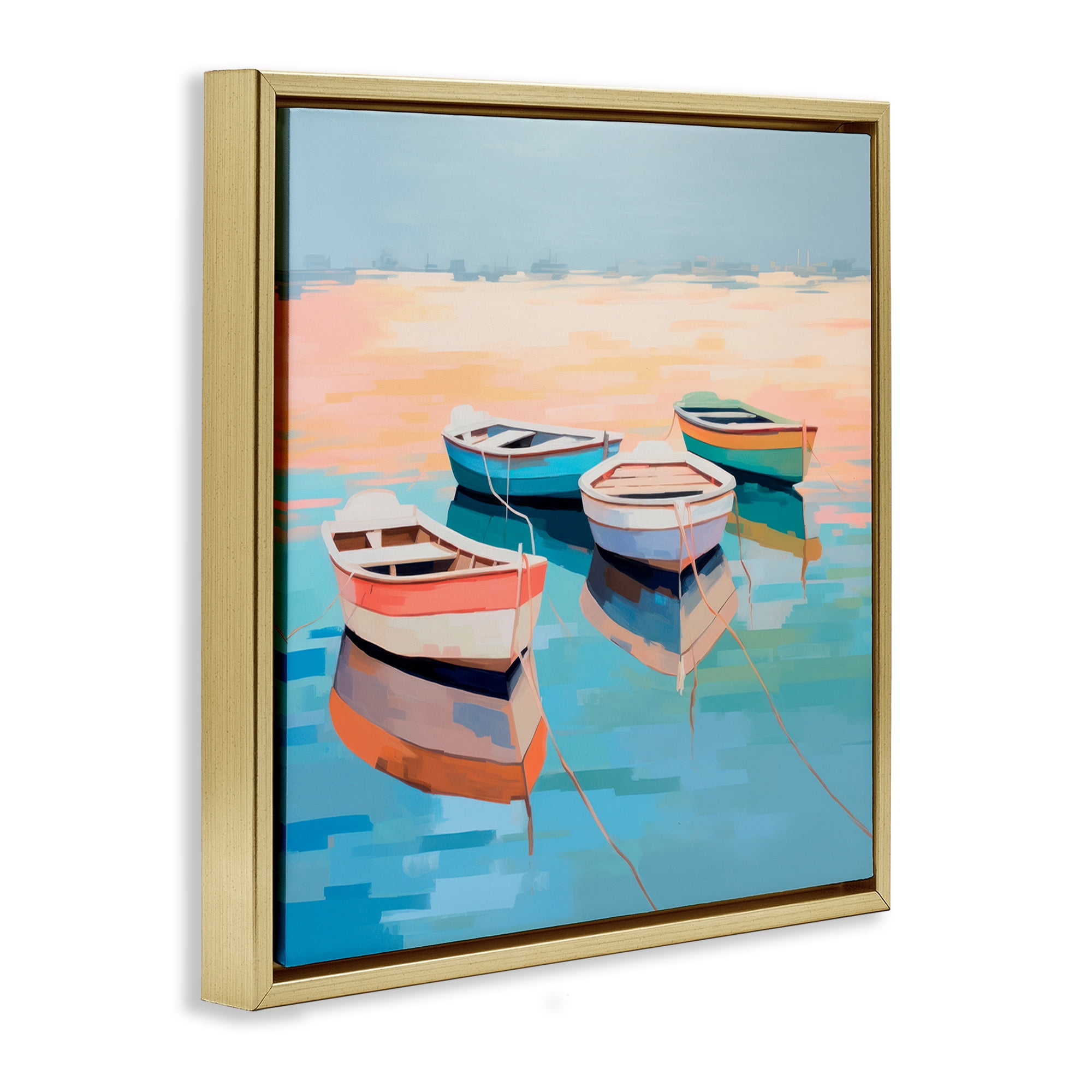 Stupell Industries Boat Reflection Shore Transportation Painting Gold Floater Framed Canvas Art Print Wall Art, 25 x 25