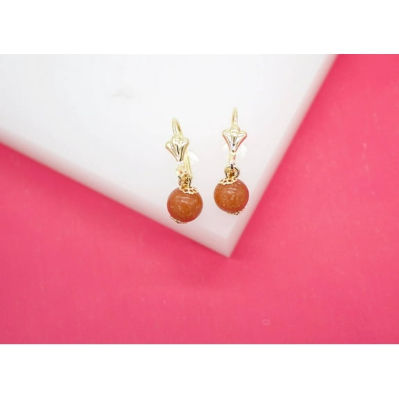 18K Gold Filled Small Brown Aventurine Stone French Lever Back Earrings (L62)