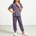 thumbnail image 6 of Bovxnpu Girls Sleepwear 2 Piece Loungewear Set Ribbed Short Sleeve Top and Elastic Cuffed Pants Loungewear Outfits Set, 6 of 7