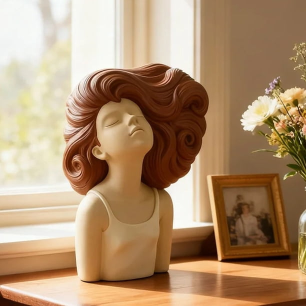 Escultura de busto de niña, figura de resina – Expresión realista con ojos cerrados y cabello rizado suelto, acabado mate. Decoración para el hogar, ideal para sala de estar, dormitorio, oficina, e