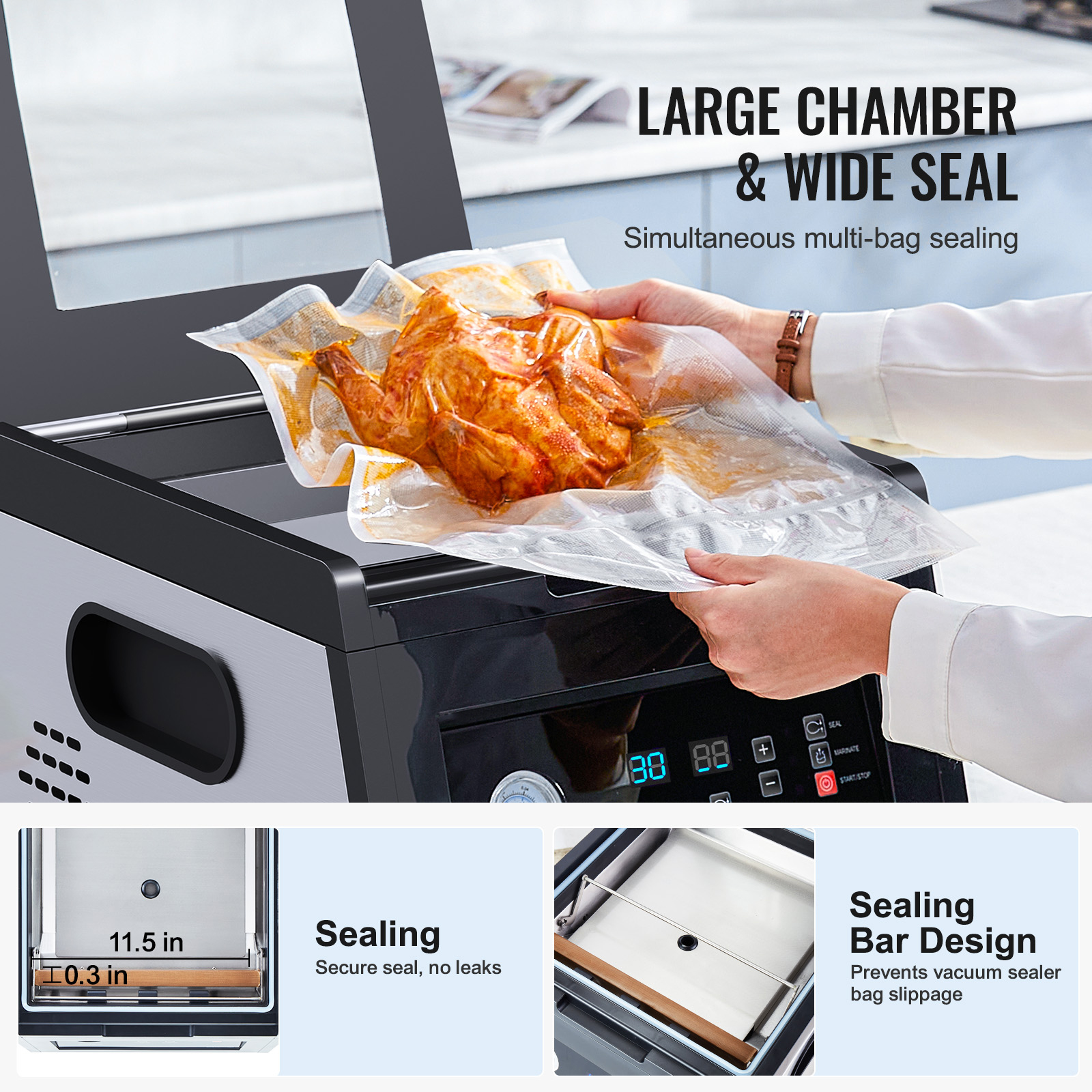 KFFKFF Chamber Vacuum Sealer, 380W Pump Power, Bag Sealing Machine for Moist Foods and Meat, Space-Saving Design with 11.5-Inch Seal Length, Suitable for Commercial and Home Applications