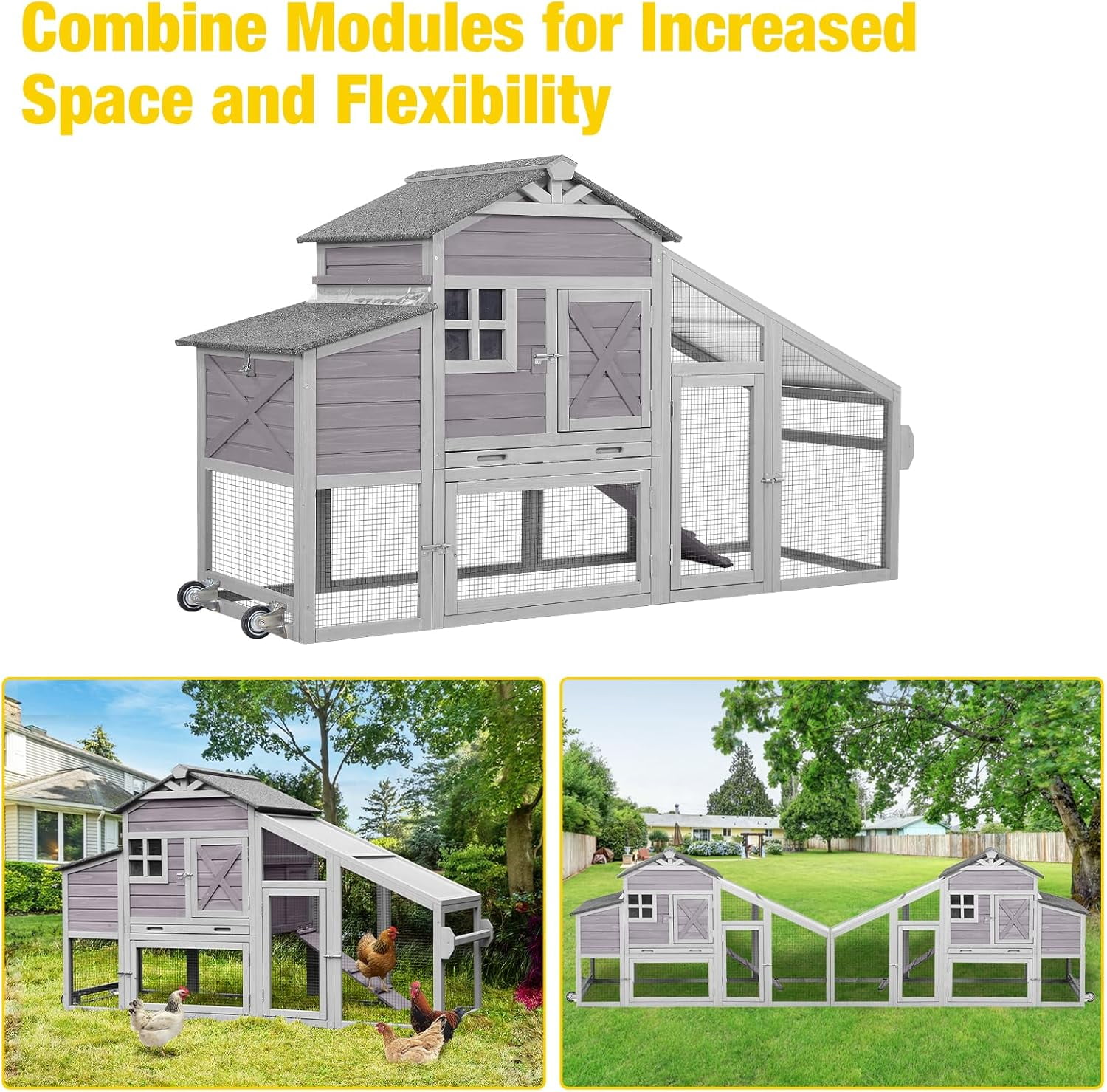 Aivituvin Large Chicken Coop with Wheels & Run, Mobile Hen House Outdoor Wooden Poultry Cage with Large Nesting Box Leakproof Pull-Out Tray, Gray