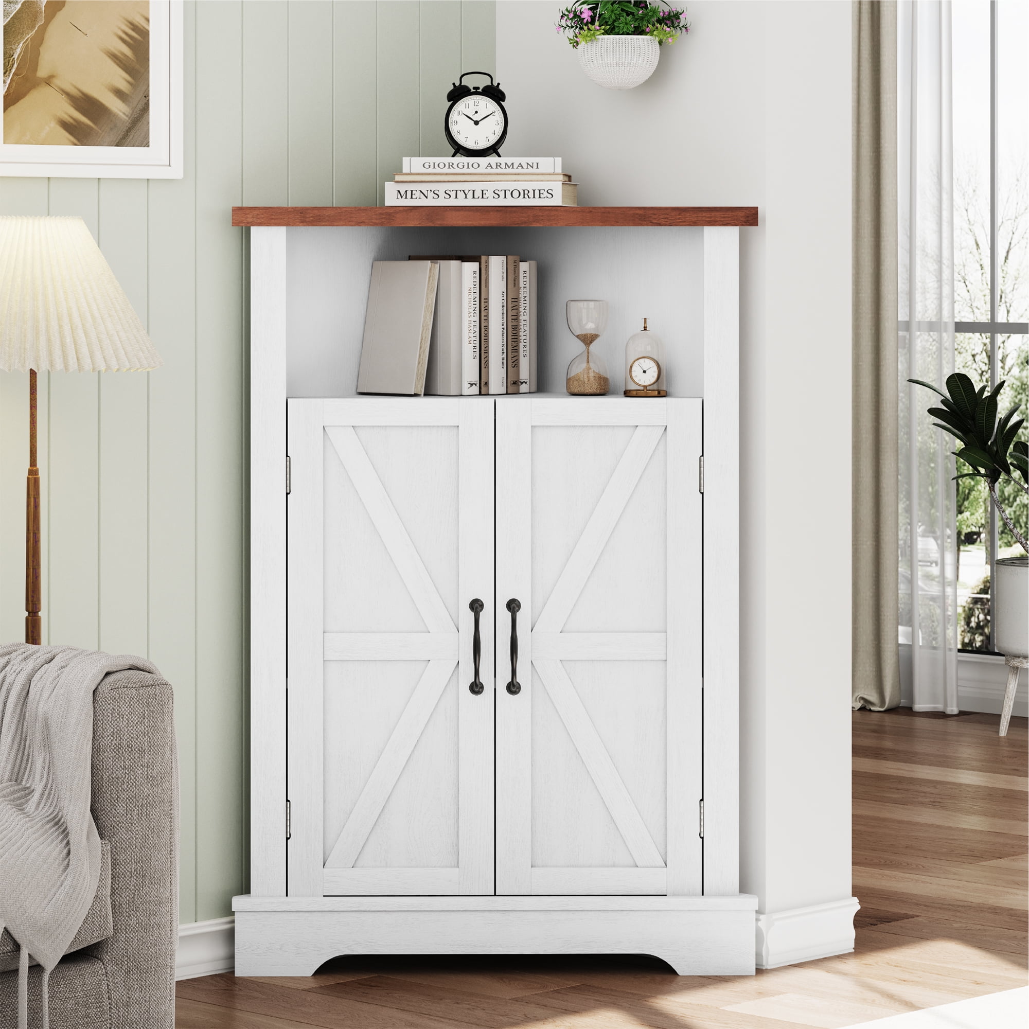 Semiocthome Farmhouse Bathroom Cabinet Corner Storage Cabinet, Barn Doors,Adjustable Shelves, White