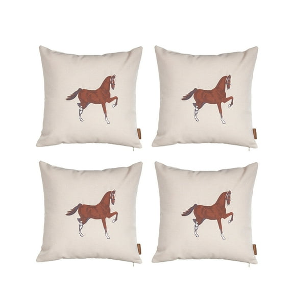 Boho Embroidered Horse Handmade Set of 4 Throw Pillow 18" x 18" Solid Beige & Brown Square for Couch, Bedding