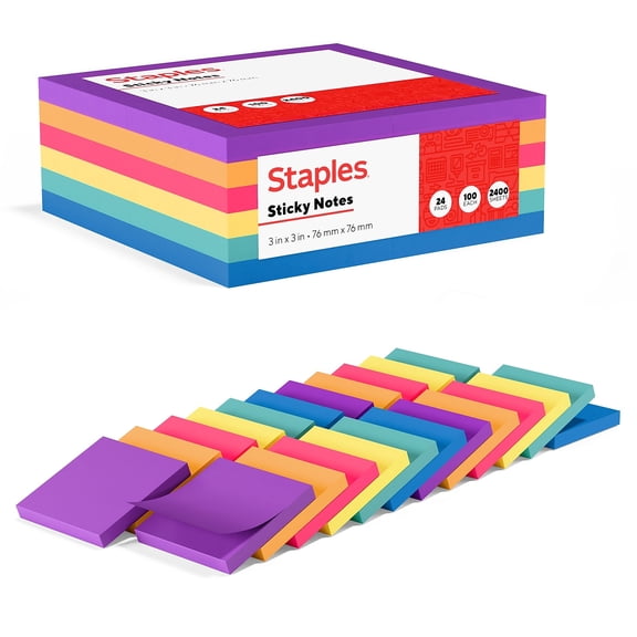 Staples Stickies Standard Notes 3" x 3" Assorted 100 Sh./Pad 24 Pads/PK 24295904