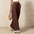 thumbnail image 5 of Women Straight Leg Pants with Lace Hem Trim, Elastic Drawstring Waist Casual Long Trousers with Pockets, Solid Loose Daily Pants for Vacation Brown L(L), 5 of 7