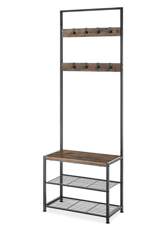 Whitmor Modern Industrial Entry Way Tower/Bench with Shoe Shelves Hall Tree