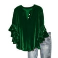 thumbnail image 2 of Otntypg Velvet Tops for Women Ruffled 3/4 Length Sleeve Button V Neck Henley Shirts Loose Oversized Dressy Casual Elegant Work Tunic Blouse Green M, 2 of 7