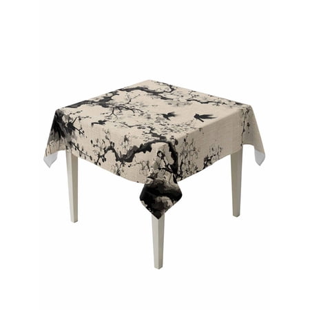 Chinese Table Cloth, Waterproof Tablecloth for Square Tables, Black White Tree Flowers Traditional Ink Painting Reusable Washable Fabric Table Cover for Restaurant Kitchen Dining Tables 54"x54"