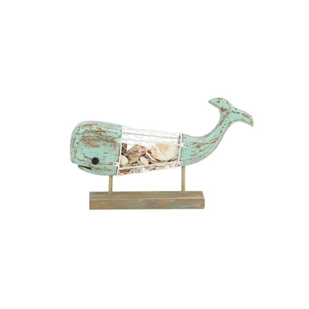 - Decmode coastal wood and metal green whale sculpture on stand beach décor, green