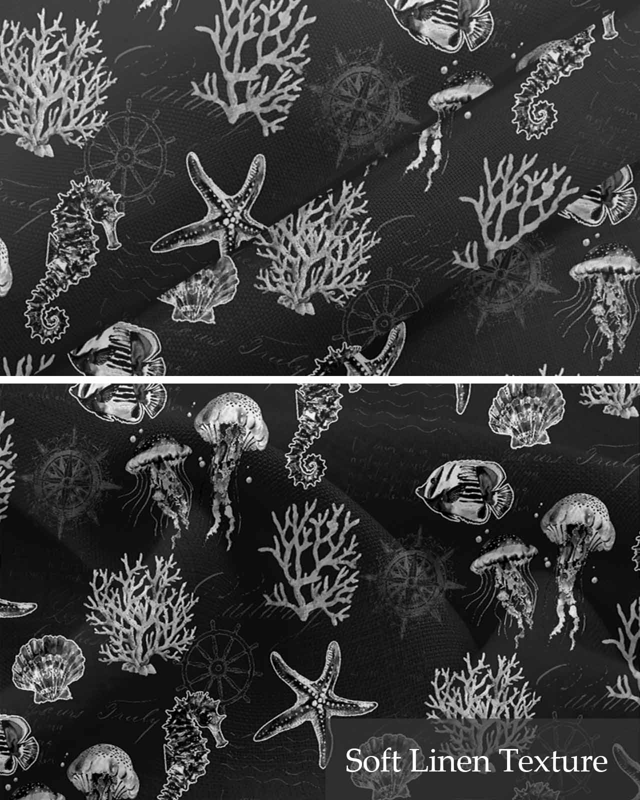 Black Coastal Kitchen Valances for Windows Farmhouse Linen Window Valance Curtain for Living Room Window Treatment Nautical Starfish Jellyfish Seahorse Valance Rod Pocket Topper Drape, 42 x 18 Inch
