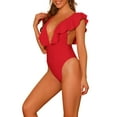 thumbnail image 4 of INSPIRE CHIC Women's 1 Piece V Neck Ruffled Swimwear Monokini Tummy Control Bathing Suit Red M, 4 of 5