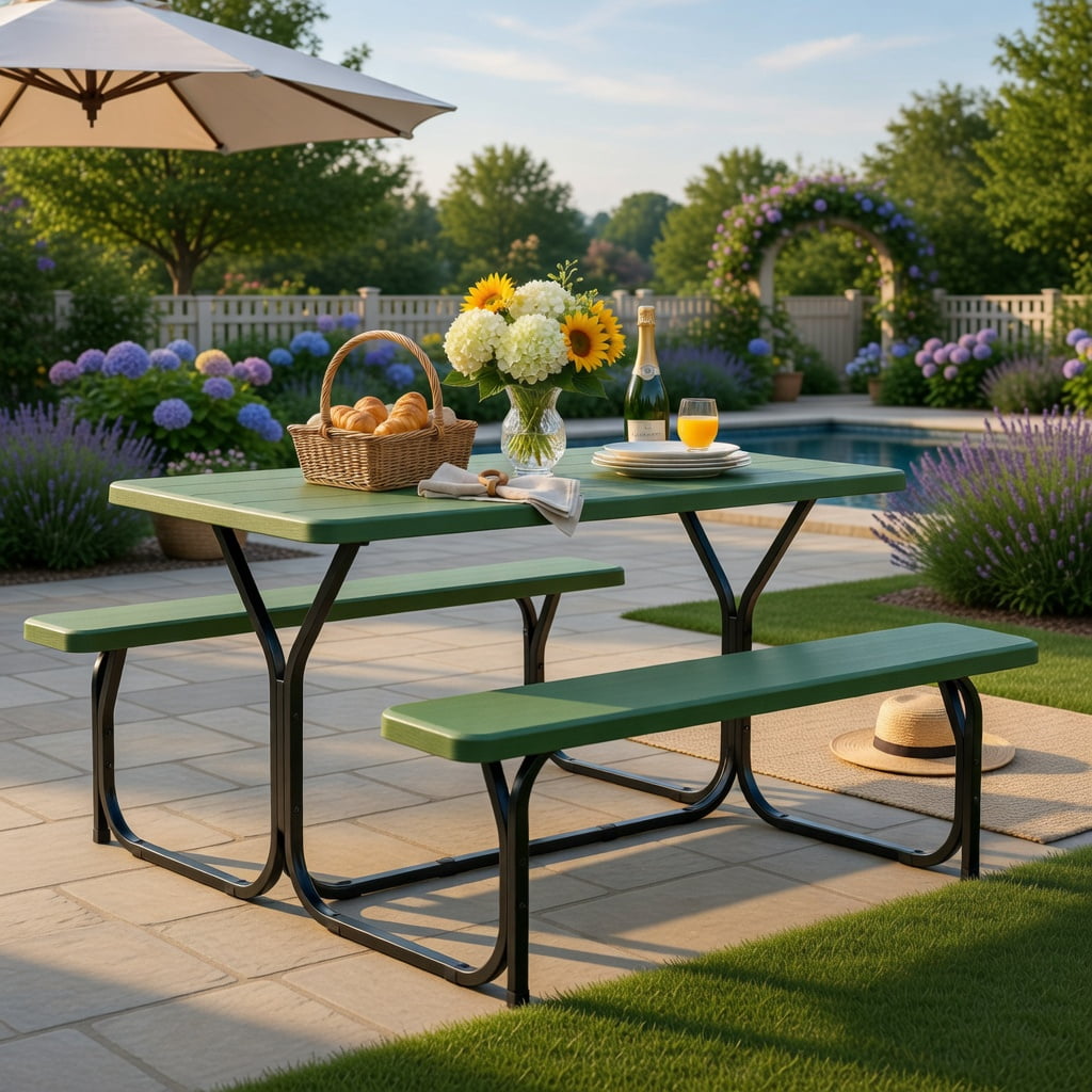 Hommoo Heavy-Duty Outdoor Picnic Table & Bench Set, HDPE Wood-Grain Finish, All-Weather Backyard Patio Furniture, Black