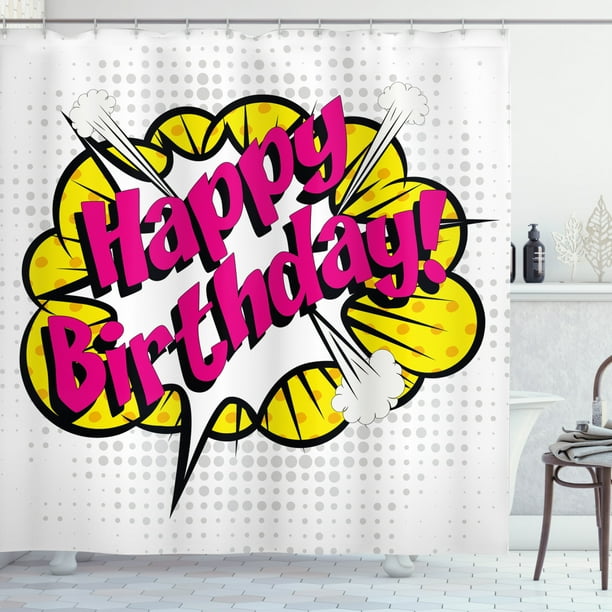 Birthday Decorations Shower Curtain, Pop Art Comic Book Style Design Lettering Explosion Blast